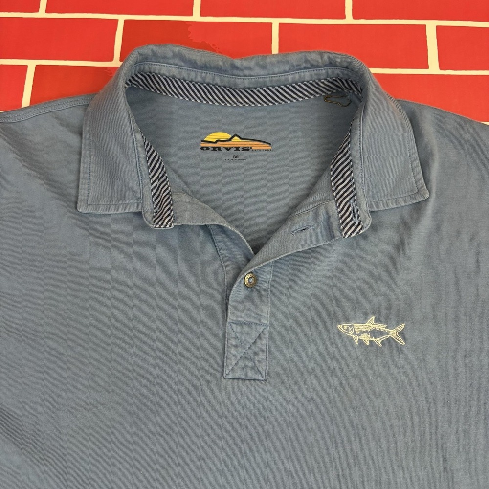 Orvis Polo Shirt Mens M Blue Cotton Fish Embroidered Logo Short Sleeve Peru
